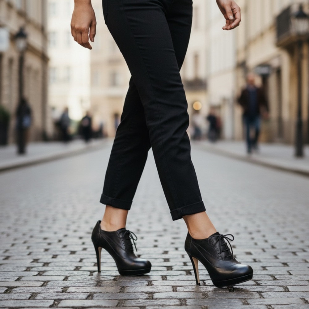 Bata Genuine Black Leather Oxford Stiletto/Pump Lace Up Platform Ankle Booties - Picture 4 of 14